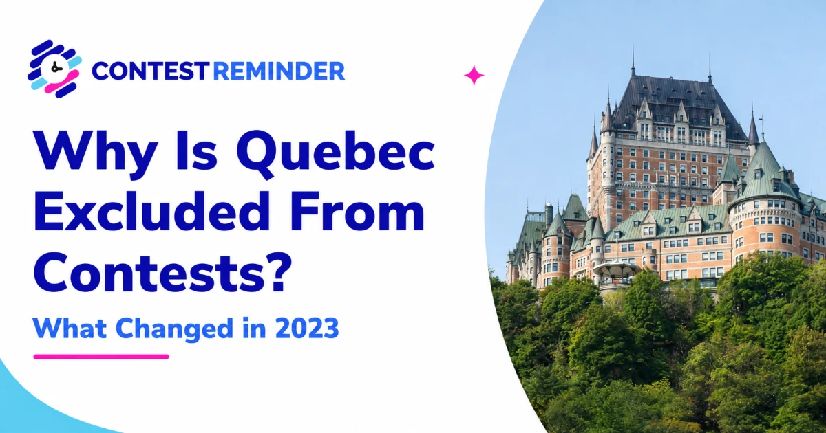 Château Frontenac beside a guide to Quebec contest exclusions and changes in 2023.