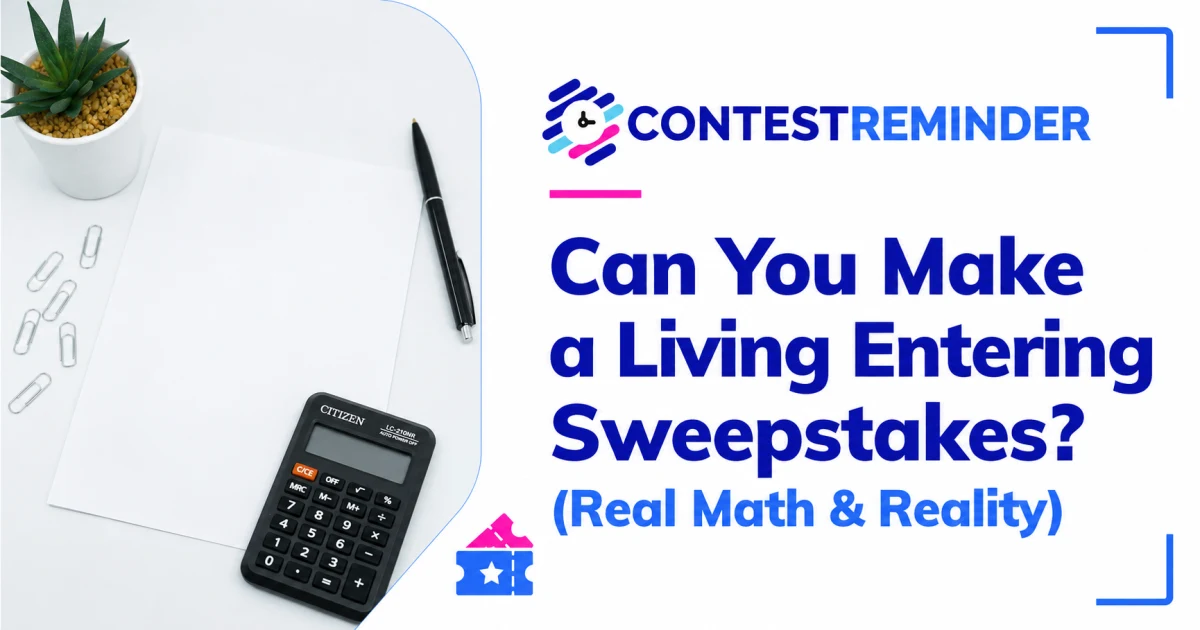 Calculator, pen, and paper illustrating the costs and potential returns of entering sweepstakes.