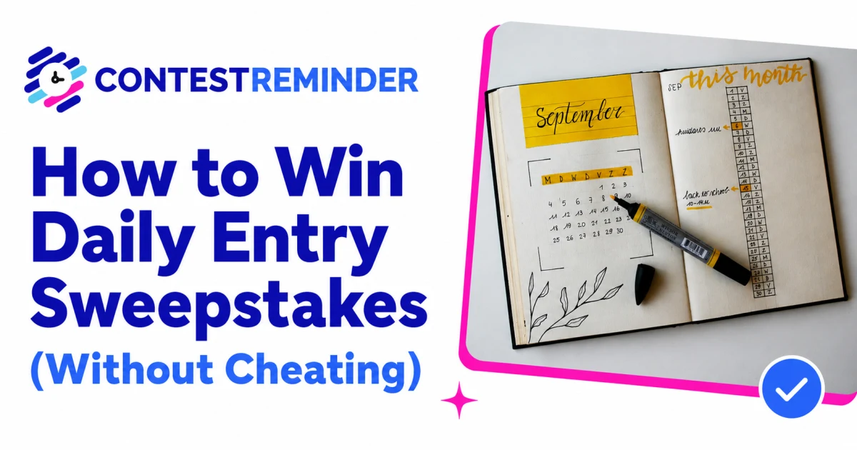 Calendar planner and checkmark illustrating a consistent daily sweepstakes routine.