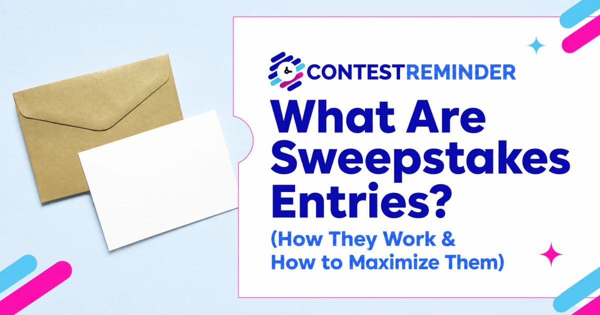 Blank entry card and gold envelope beside a ticket-shaped guide to sweepstakes entries.