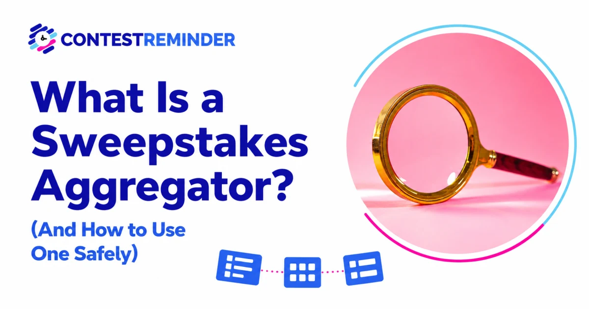 Magnifying glass and listing symbols illustrating how to find sweepstakes with an aggregator.