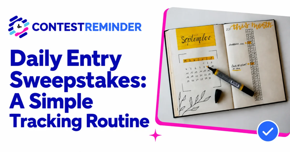 Open calendar planner and marker beside a checkmark, with the title “Daily Entry Sweepstakes: A Simple Tracking Routine”.