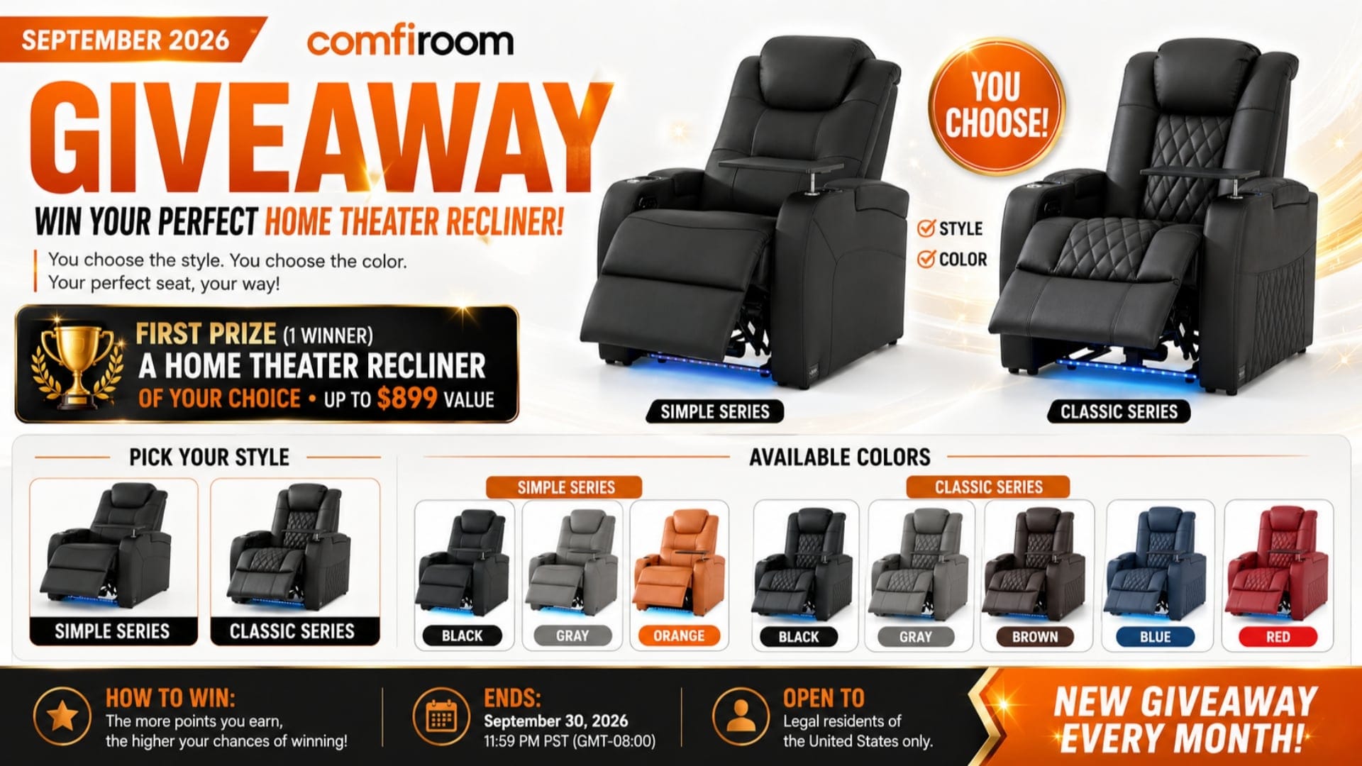 Comfiroom September 2026 Giveaway: Win 1 Home Theater Recliner Of Your Choice