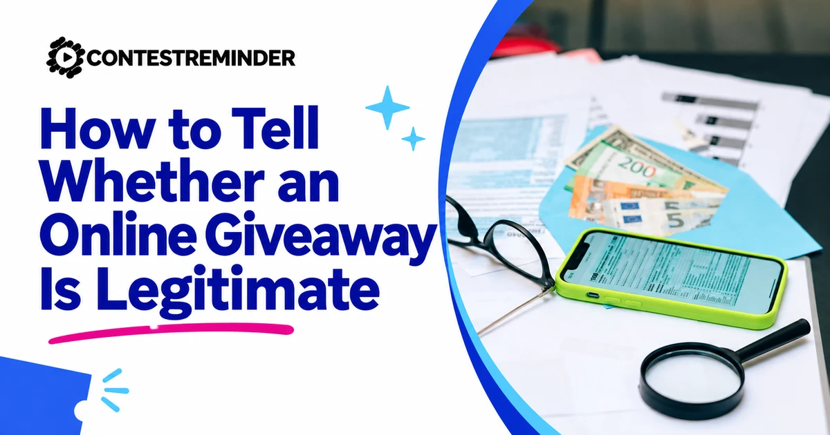 Phone, prize money, and magnifying glass beside the title “How to Tell Whether an Online Giveaway Is Legitimate”.