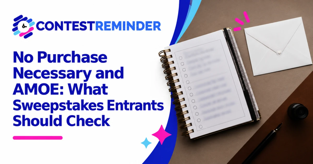 Envelope and entry checklist beside the title “No Purchase Necessary and AMOE: What Sweepstakes Entrants Should Check”.