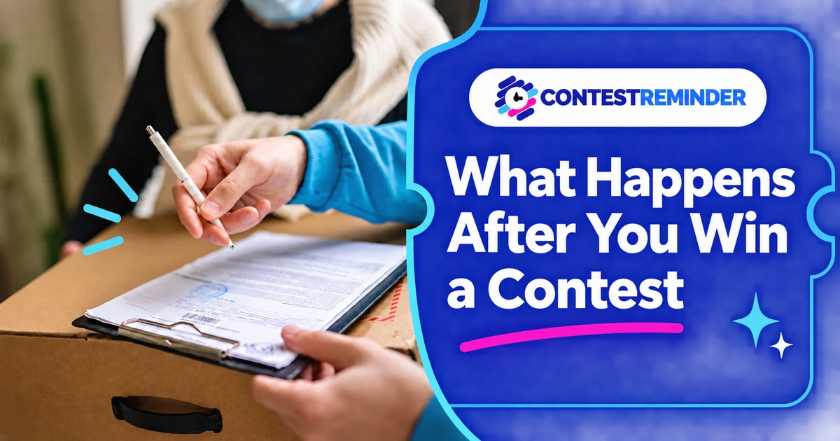 Person signing delivery paperwork on a package beside the title “What Happens After You Win a Contest”.