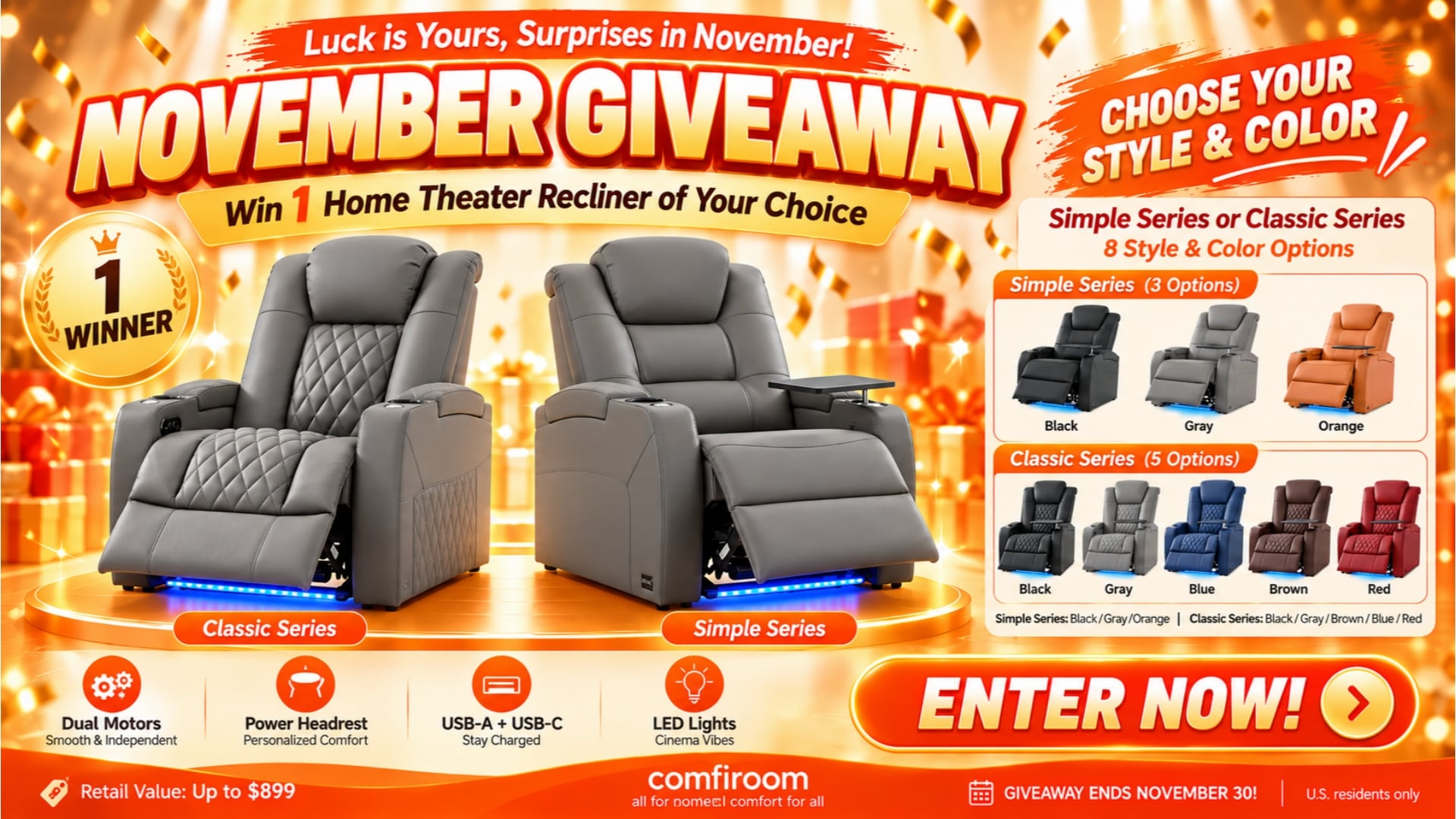 Comfiroom November 2026 Giveaway: Win a Home Theater Recliner of Your Choice